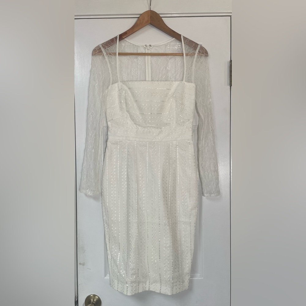 Sau Dress 6 Square Neck Long Lace Sleeve White Sheath Eyelet Bridal New NWT - Picture 2 of 16